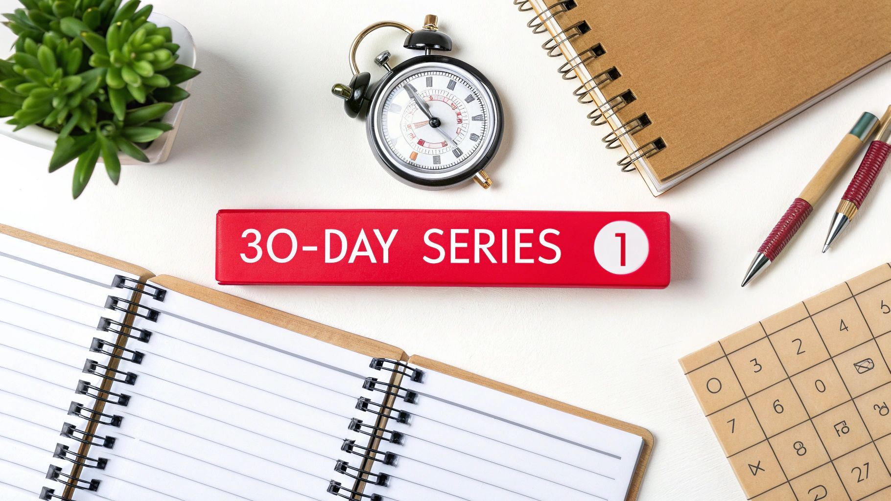 Overhead view of a desk with a red '30-DAY SERIES 1' sign, notebooks, an alarm clock, and a plant.