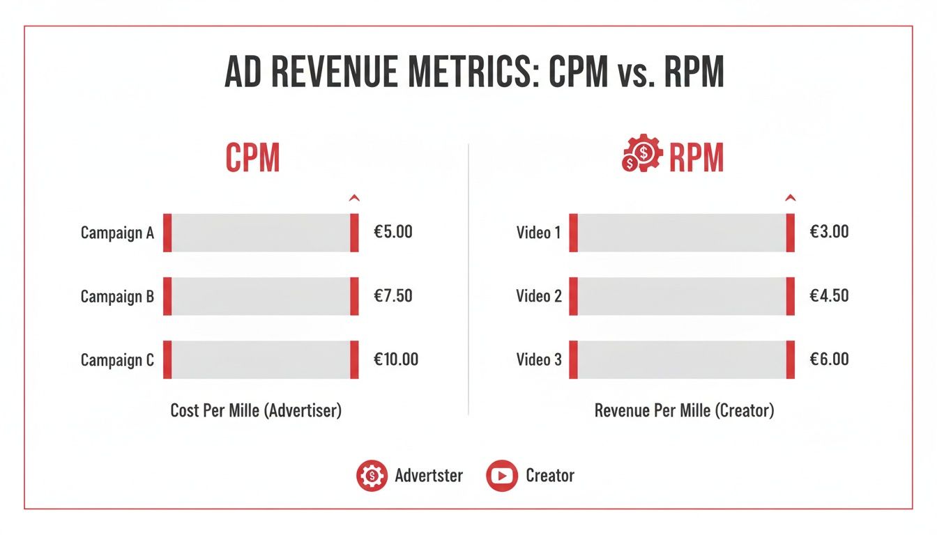A chart comparing ad revenue metrics: CPM (Cost Per Mille) for advertisers and RPM (Revenue Per Mille) for creators.