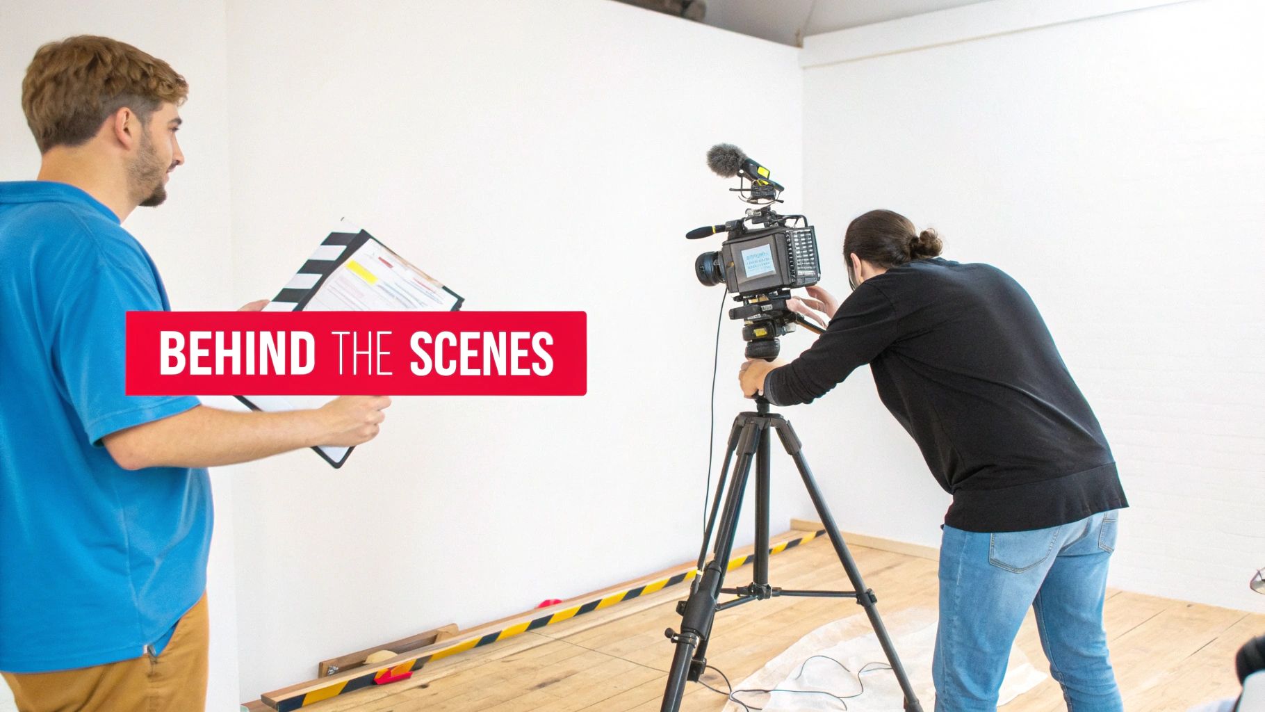 Two people film a video production, one holding a clapperboard, the other adjusting a professional camera on a tripod, behind the scenes.