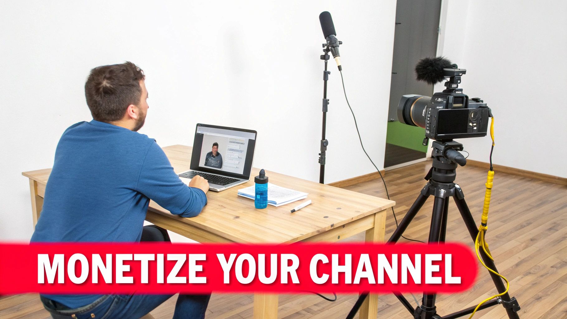 A person works on a laptop with a camera and microphone, preparing to monetize their channel.