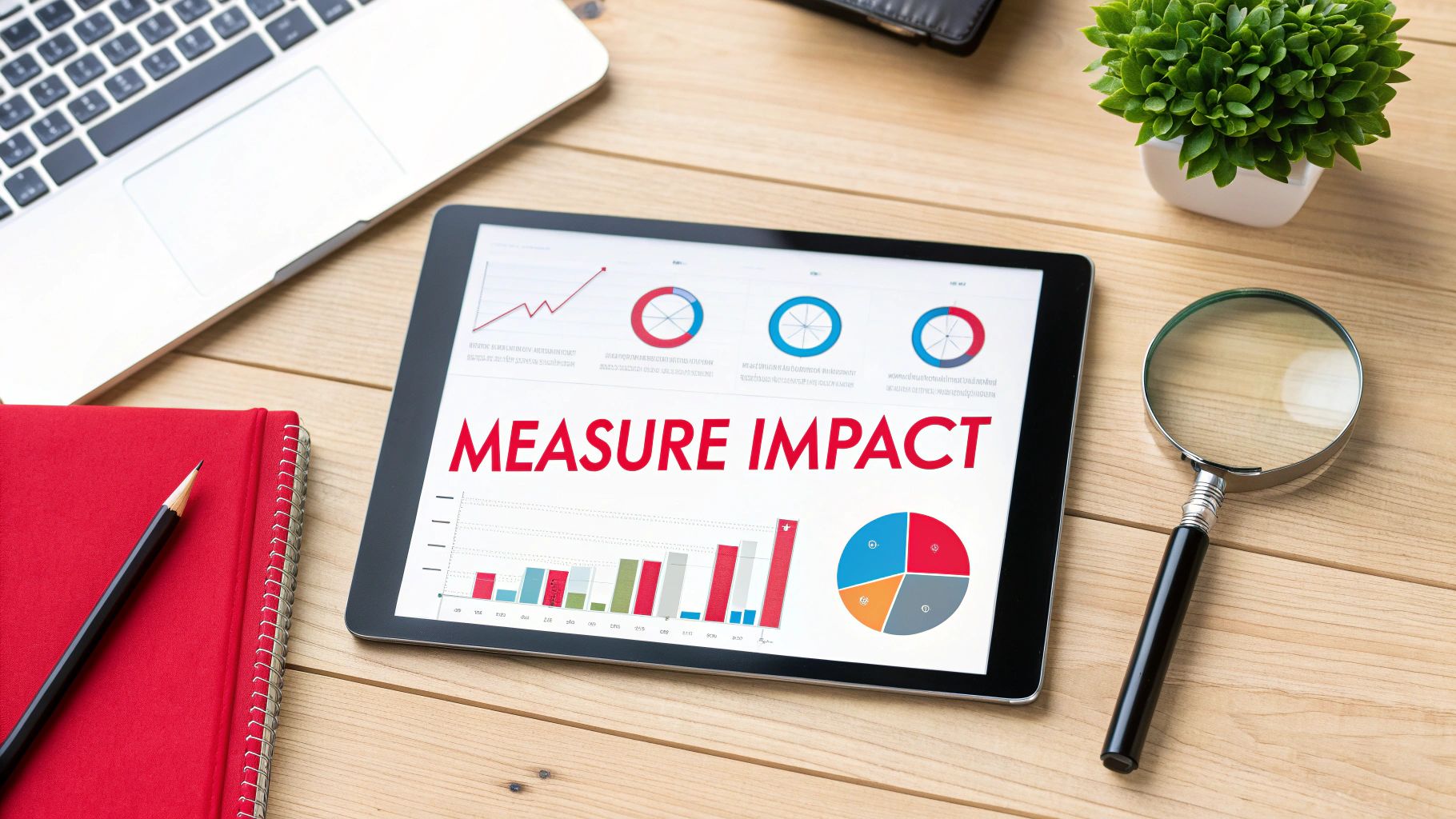 A desk setup with a tablet displaying charts and “Measure Impact,” laptop, notebook, and magnifying glass.