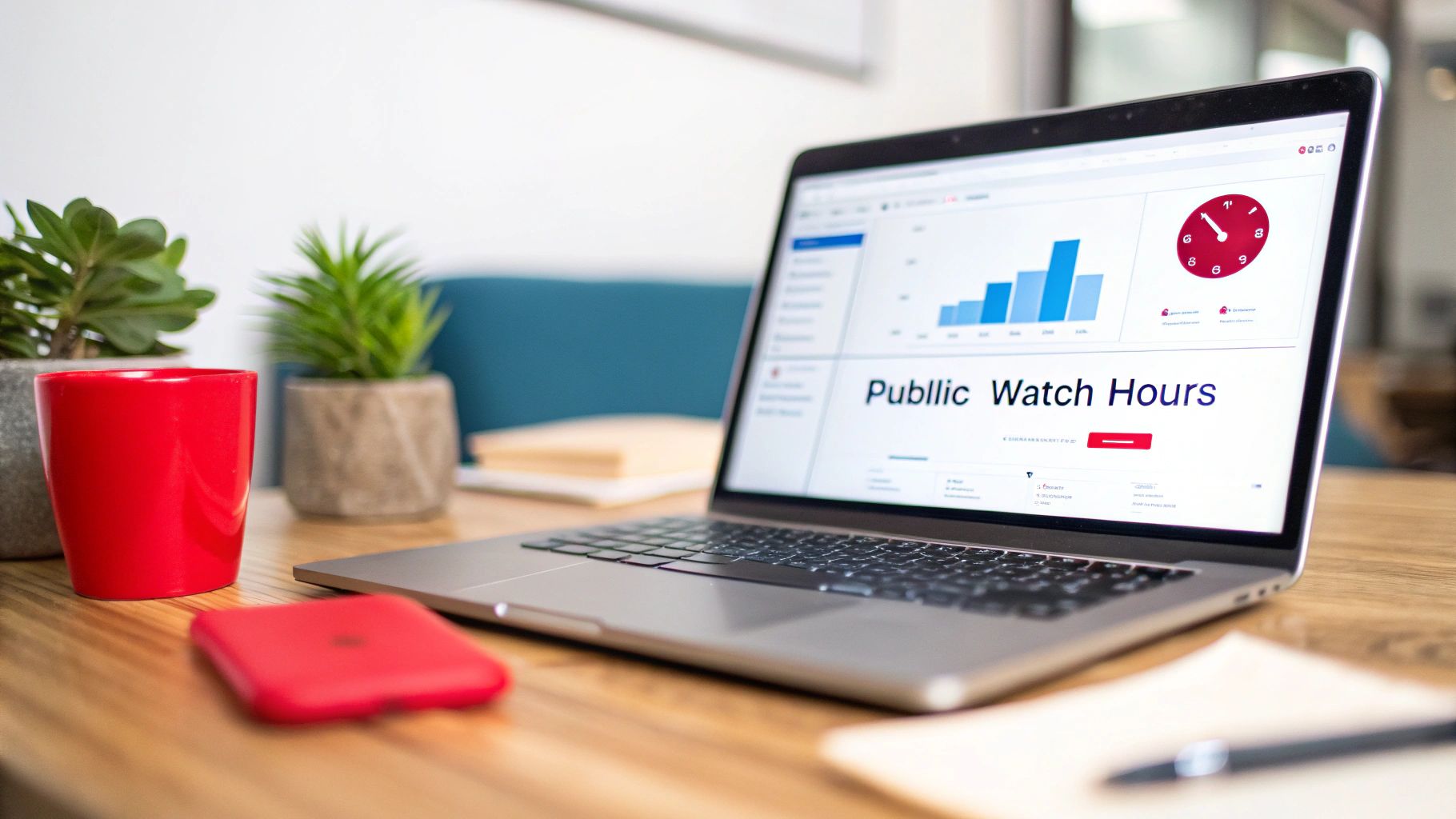 A laptop on a wooden desk displaying 'Public Watch Hours' analytics, surrounded by desk accessories.