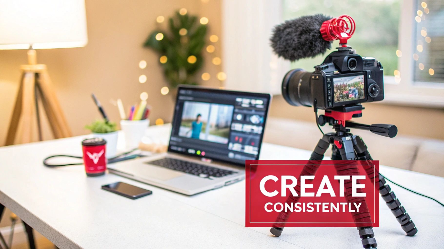 A vlogger's desk setup featuring a DSLR camera on a tripod, a laptop editing video, and office supplies.