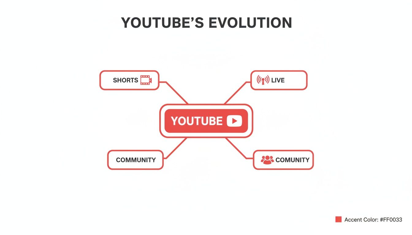 A diagram illustrates YouTube's evolution with branches showcasing features like Shorts, Live, and Community.