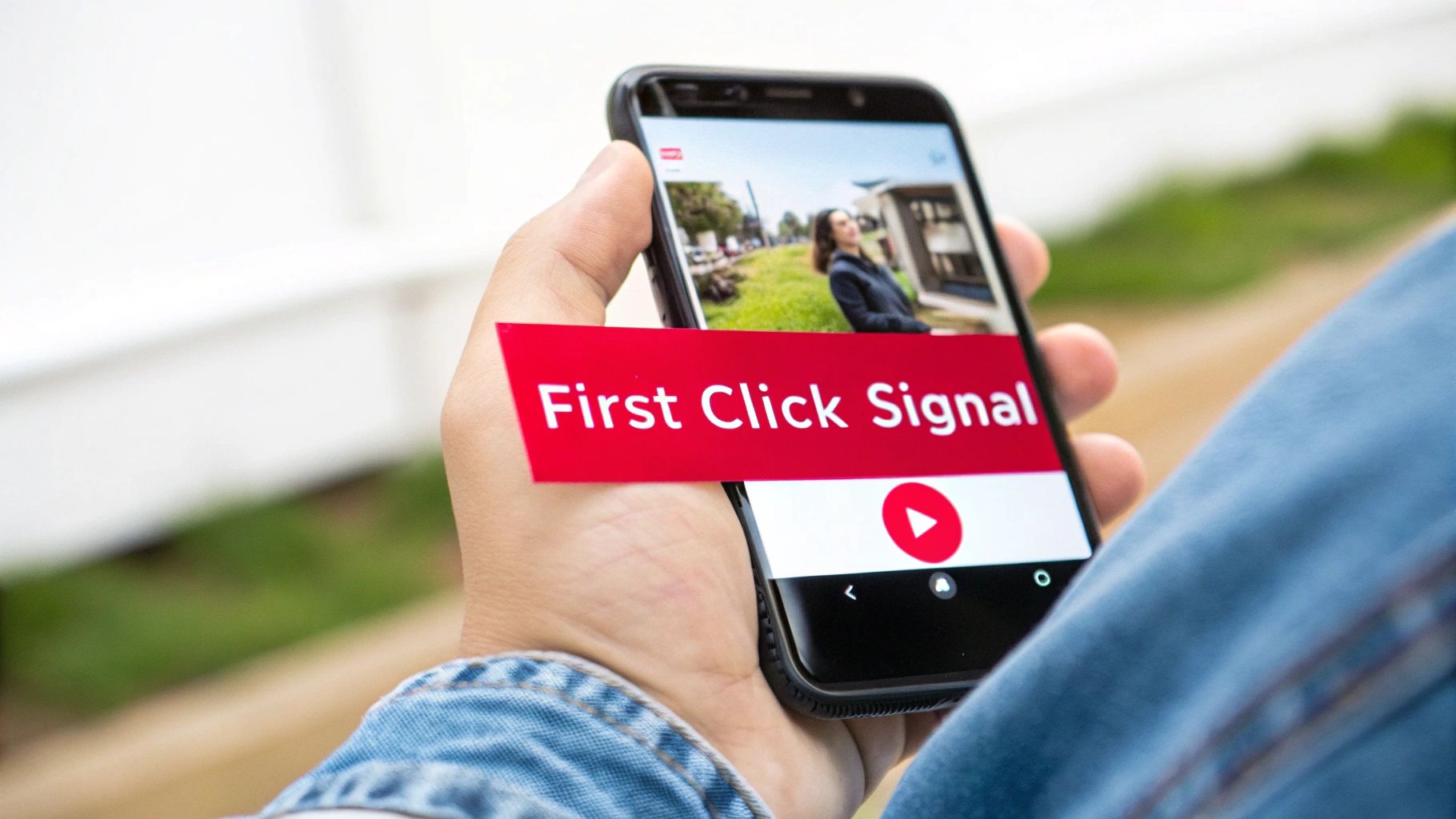 A hand holds a smartphone displaying a video preview with a 'First Click Signal' red banner.