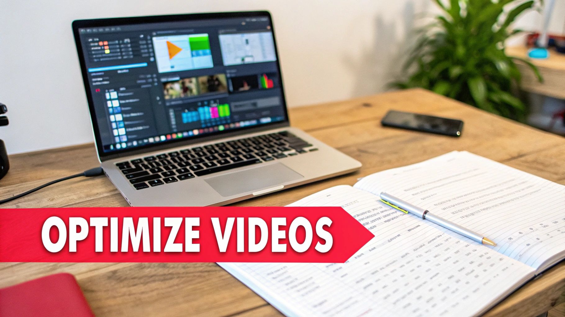 A laptop displays video editing software next to a notebook and pen, with a red banner saying 'OPTIMIZE VIDEOS'.