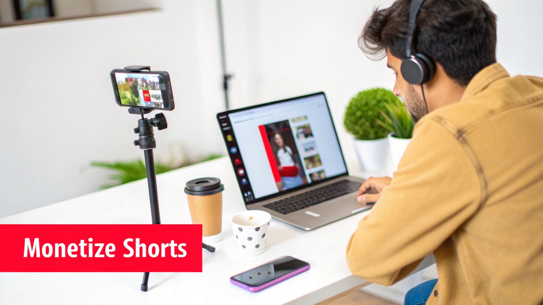 A man in headphones works on a laptop, while a smartphone on a tripod records. Text reads 'Monetize Shorts'.