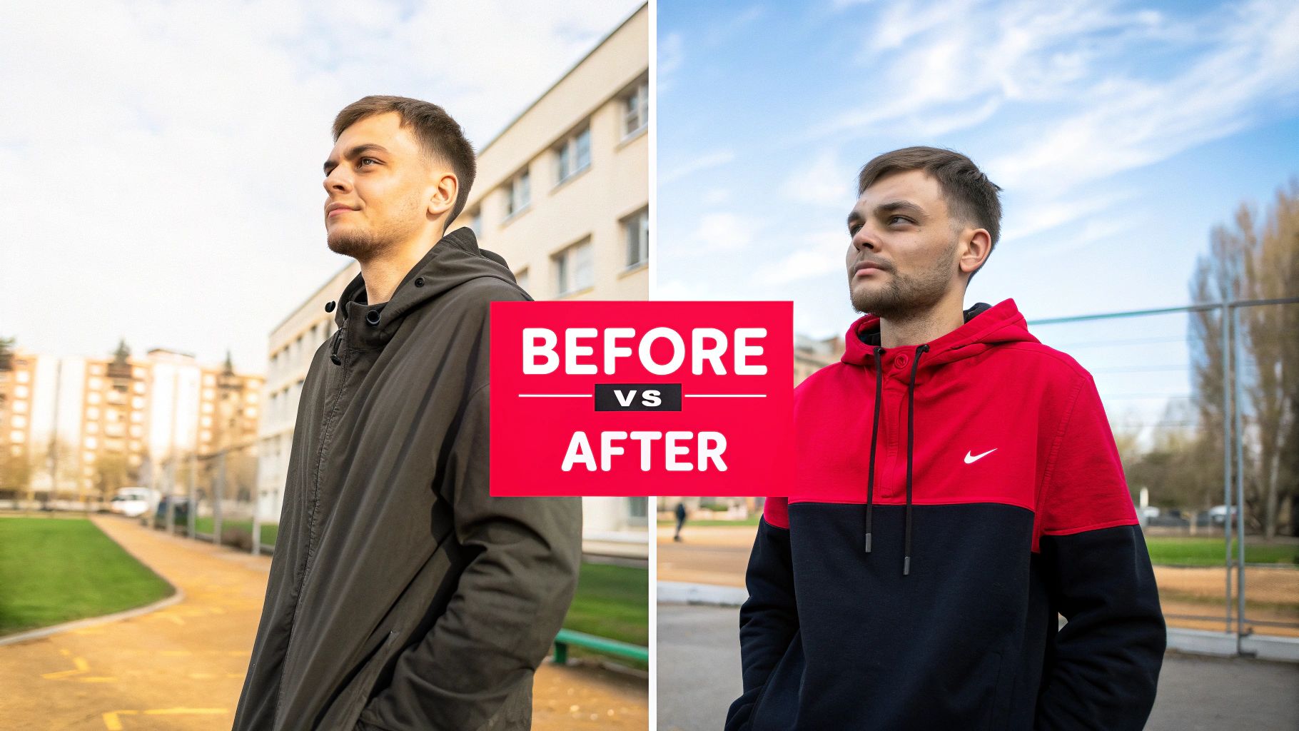 A split image showing a man's fashion transformation from a black jacket to a red Nike hoodie.