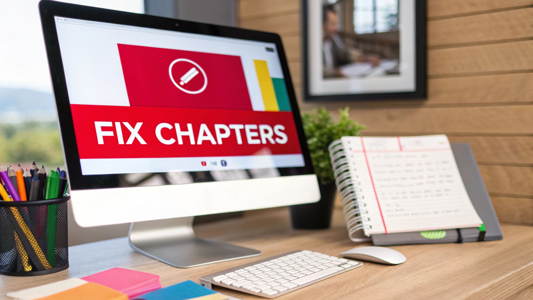 A computer screen showing 'FIX CHAPTERS' on a desk with a keyboard, mouse, and office supplies.