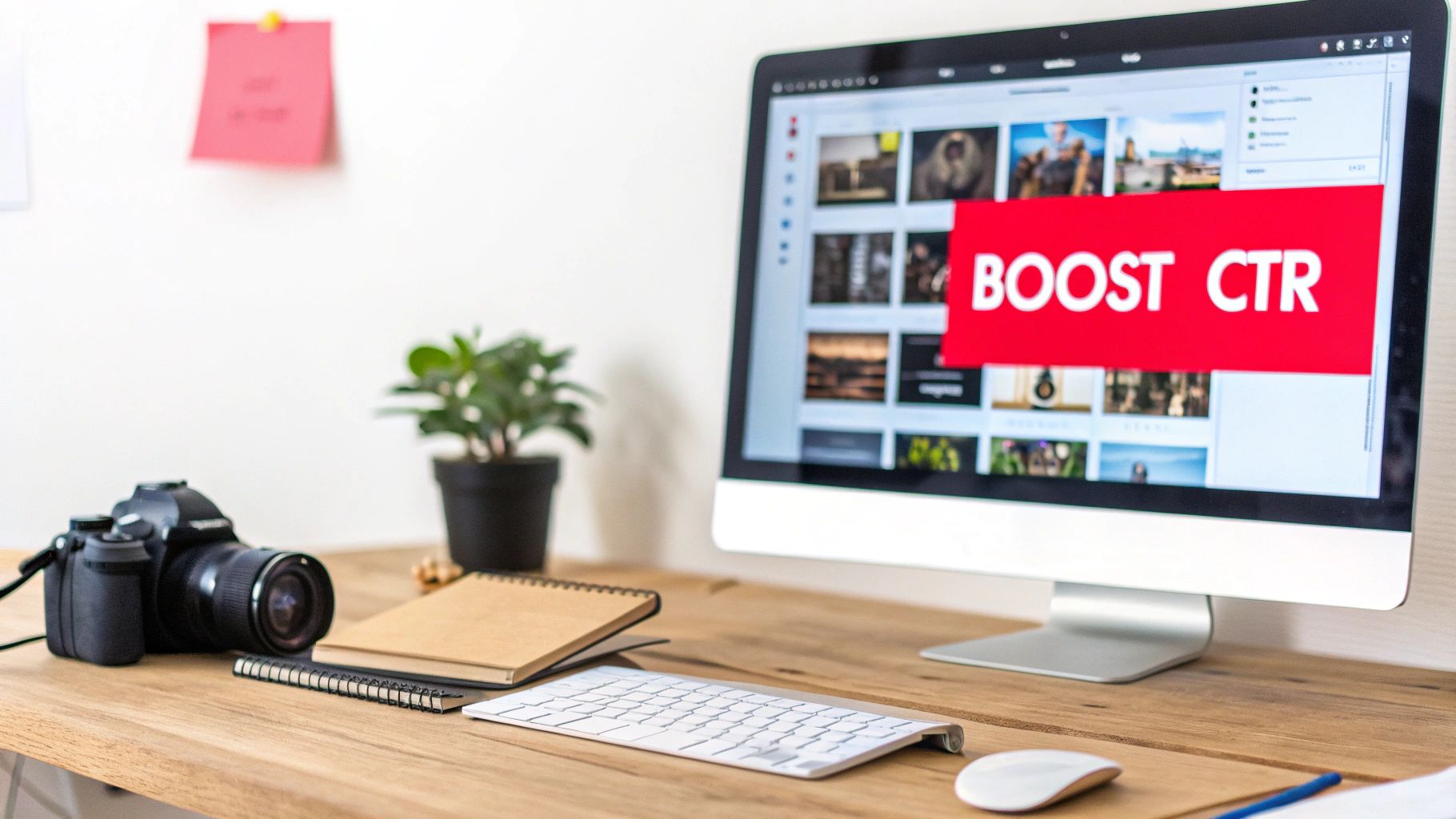 A desk with a computer displaying 'BOOST CTR', a camera, notebooks, a keyboard, and a mouse.