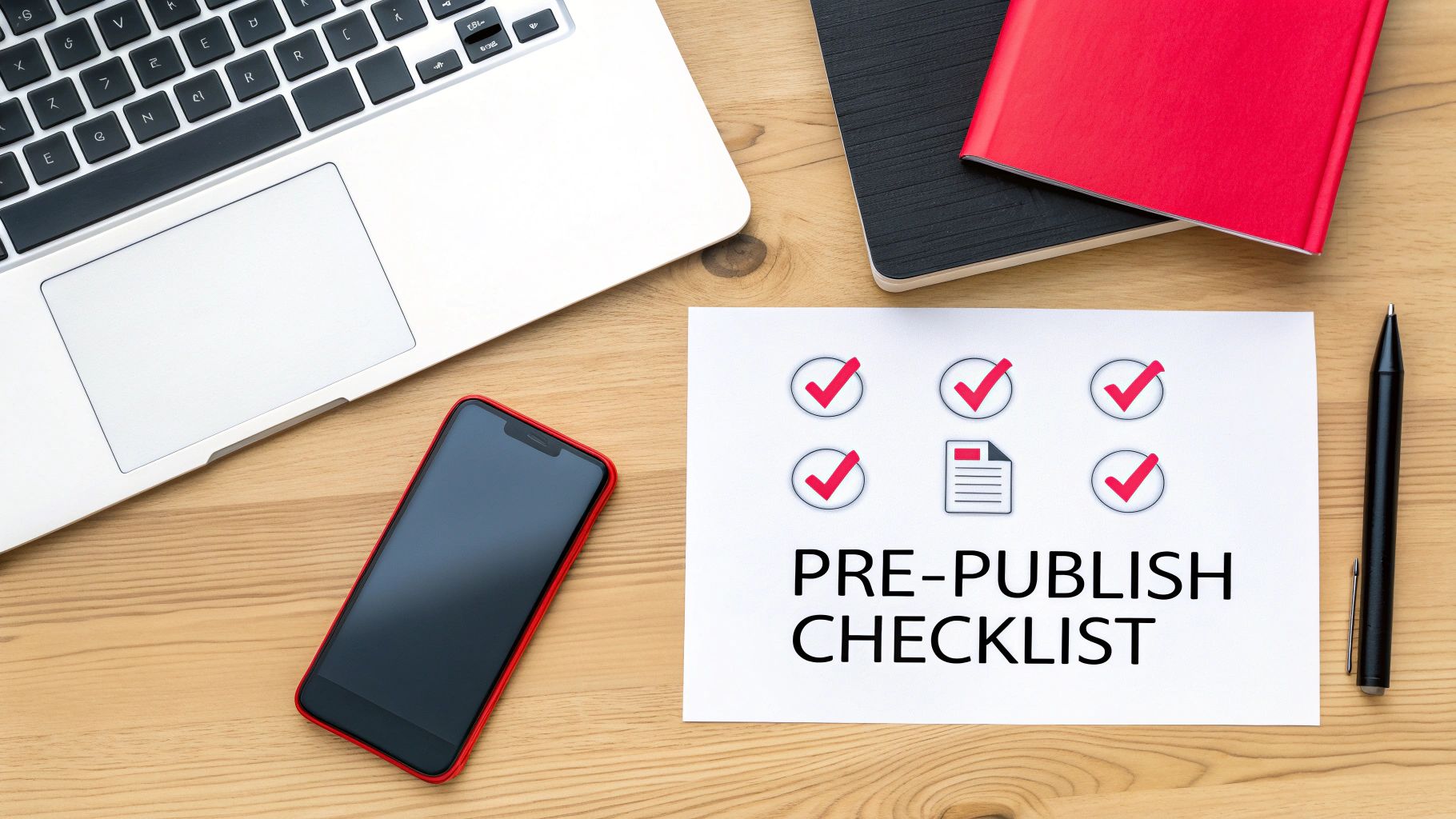 A flat lay of a desk with a laptop, smartphone, notebooks, pen, and a pre-publish checklist.