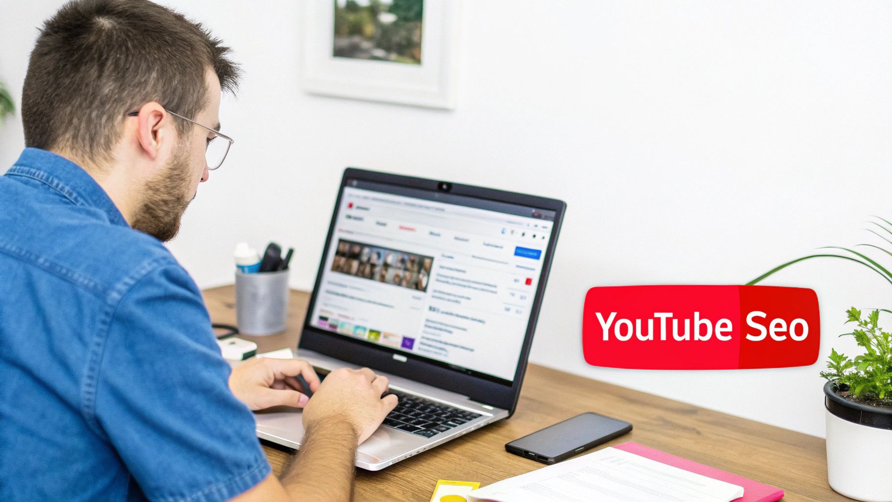 A man in glasses works on a laptop displaying YouTube, with a 'YouTube SEO' graphic.
