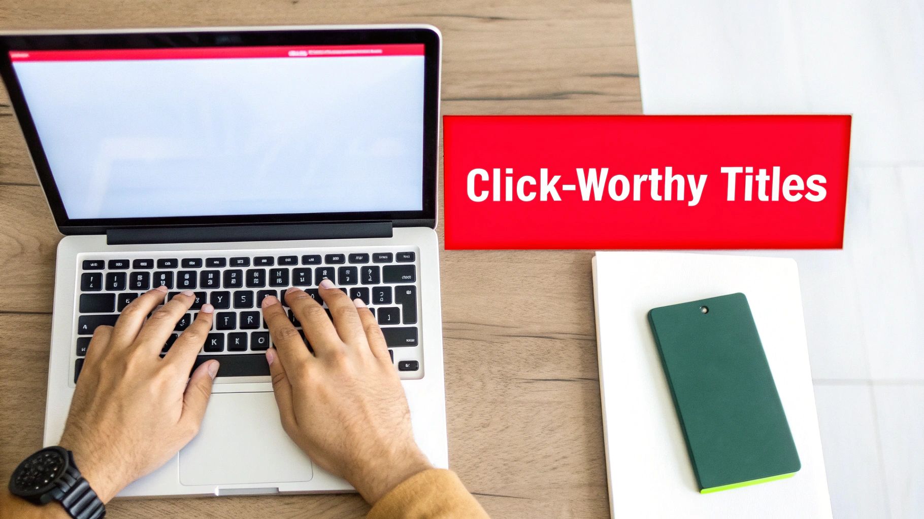 Person typing on a laptop with a red sign saying 'Click-Worthy Titles' and a green smartphone.