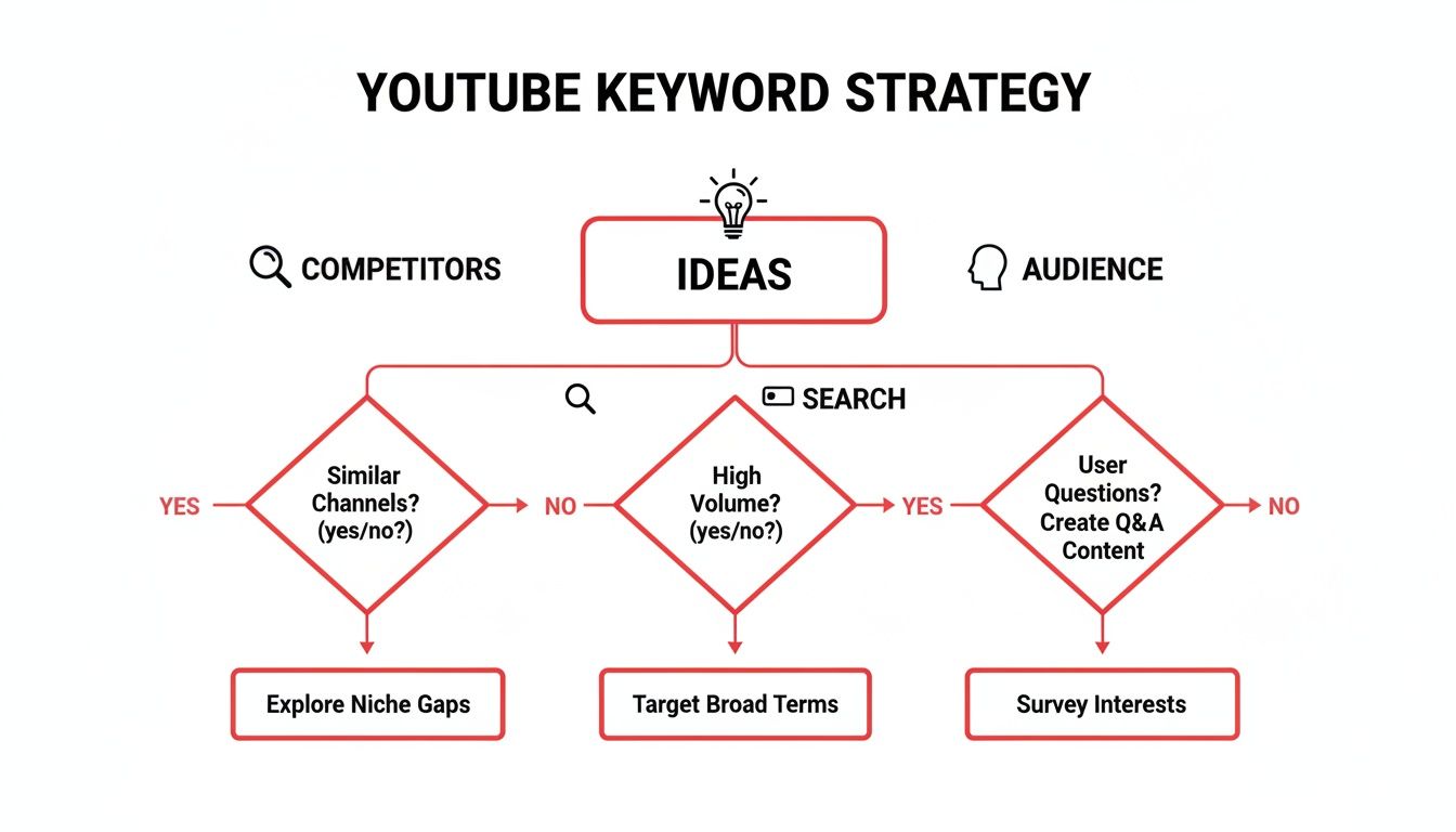 Flowchart outlining a YouTube keyword strategy, guiding content ideas based on competitor and audience analysis.