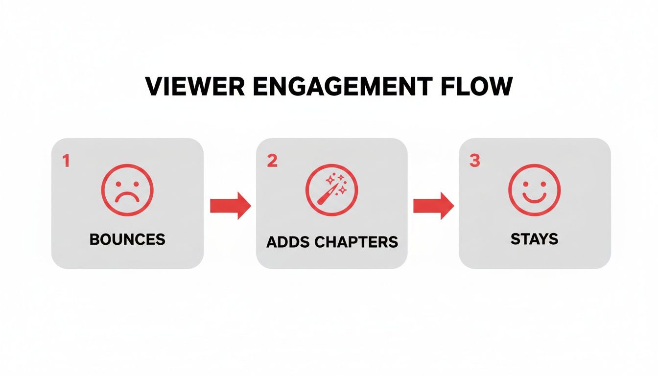 Flowchart showing viewer engagement: bounces (sad face) -> adds chapters (magic wand) -> stays (happy face).