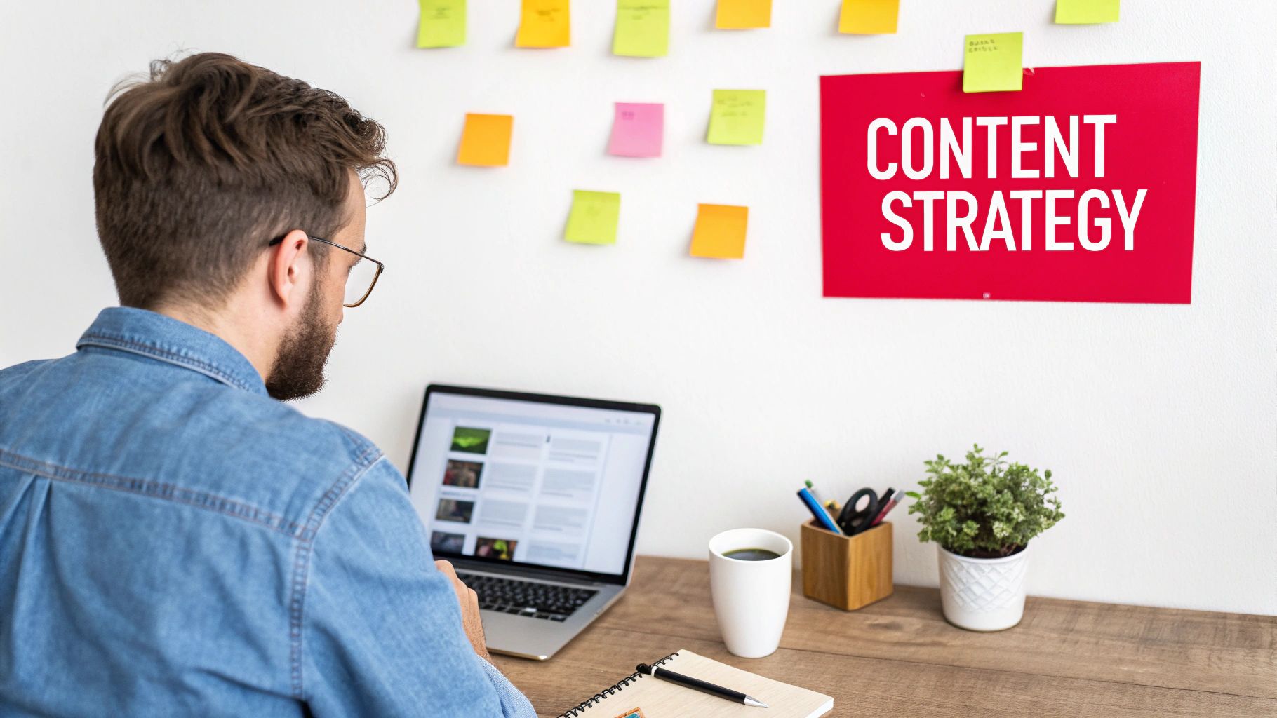 A man works on a laptop at a desk with a 'CONTENT STRATEGY' sign on the wall, surrounded by colorful sticky notes.