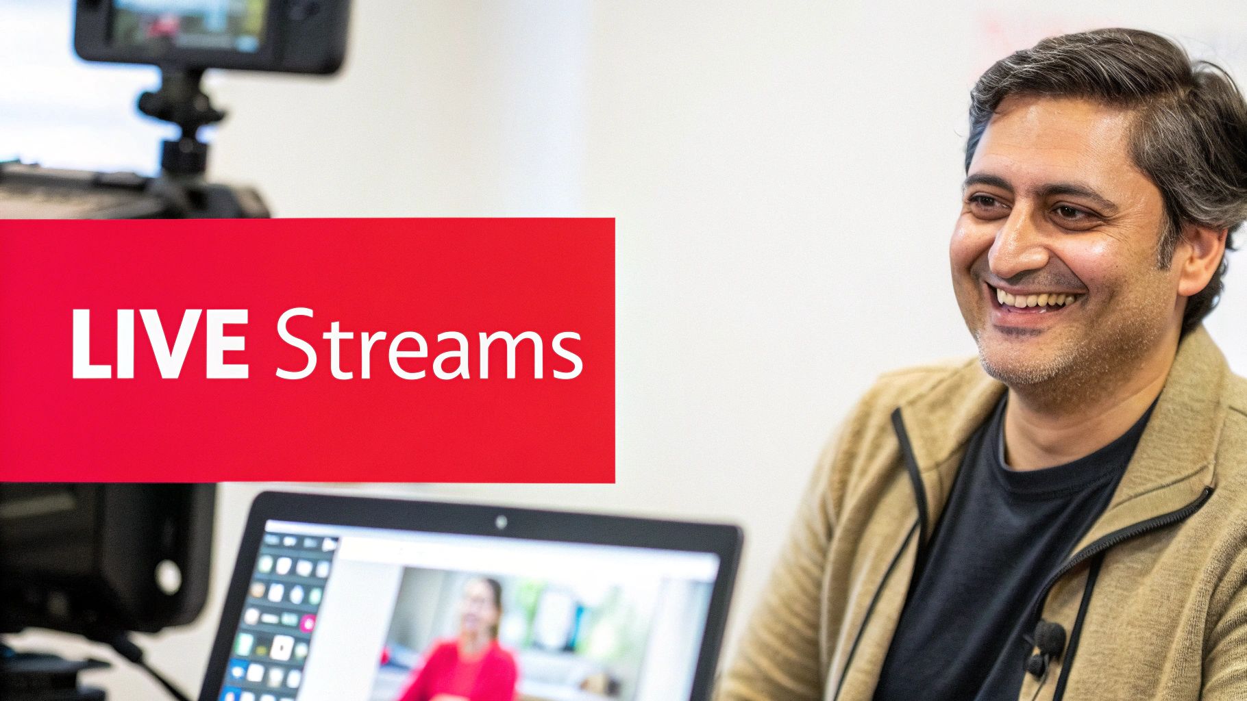 A smiling man is shown with live streaming equipment and a 'LIVE Streams' banner.