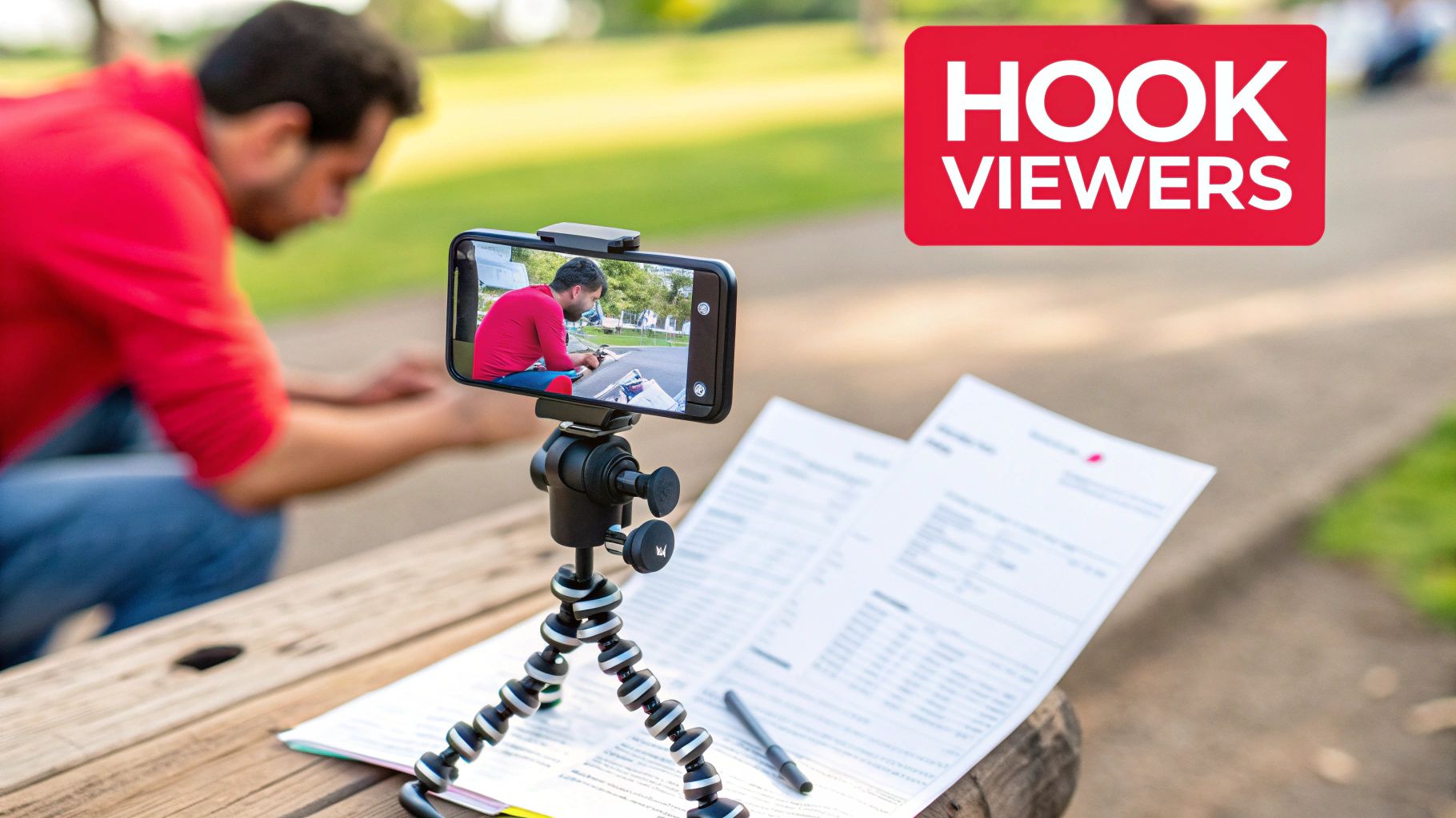 A man records a video outdoors using a smartphone on a tripod, with documents and a pen on a table, and 'HOOK VIEWERS' text.