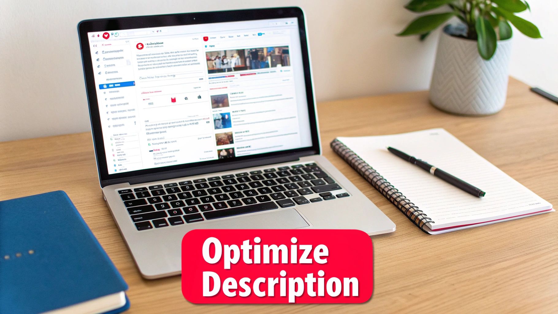 A laptop showing a social media platform, a notebook, pen, and plant on a wooden desk with an 'Optimize Description' banner.