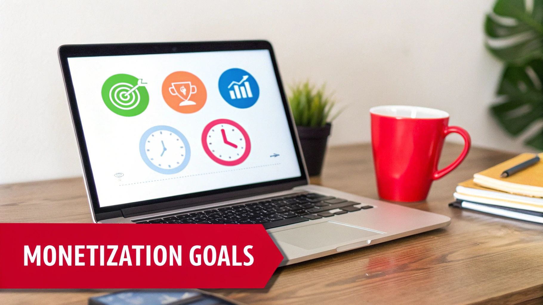 Laptop displaying icons for monetization goals, including target, trophy, growth, and time management.