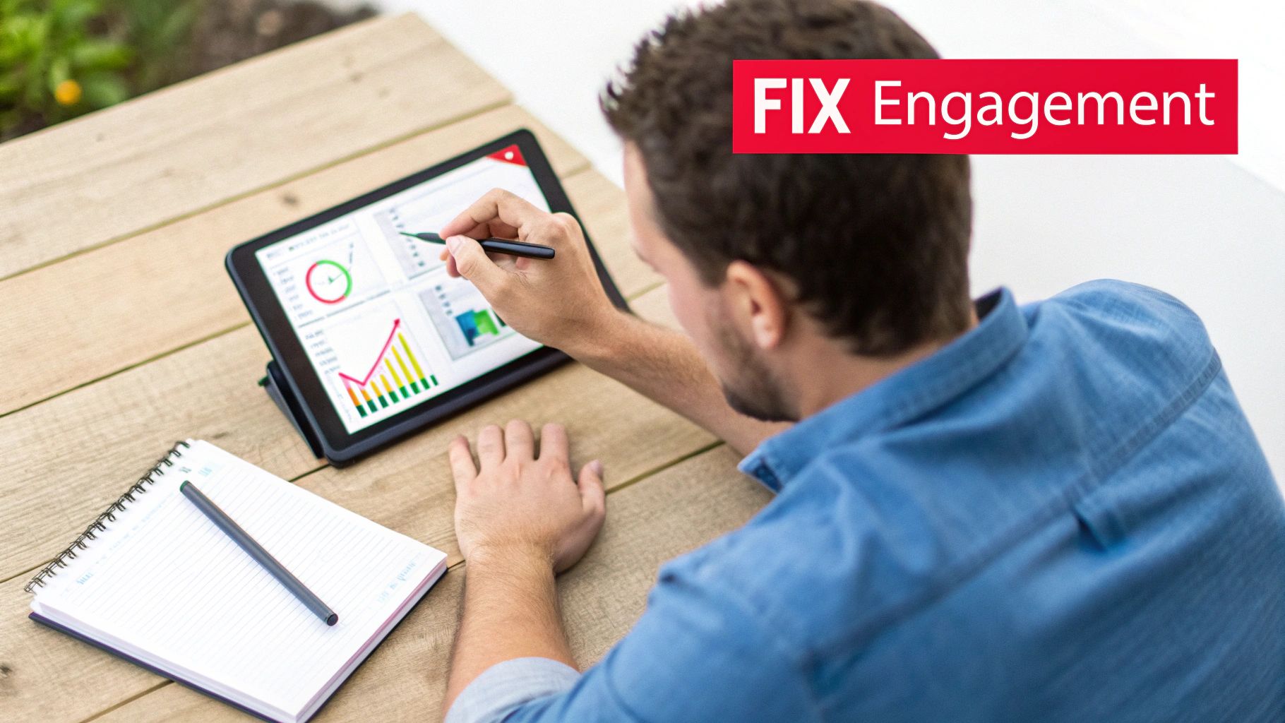 Man reviewing business data and engagement metrics on a tablet with a pen and notebook.