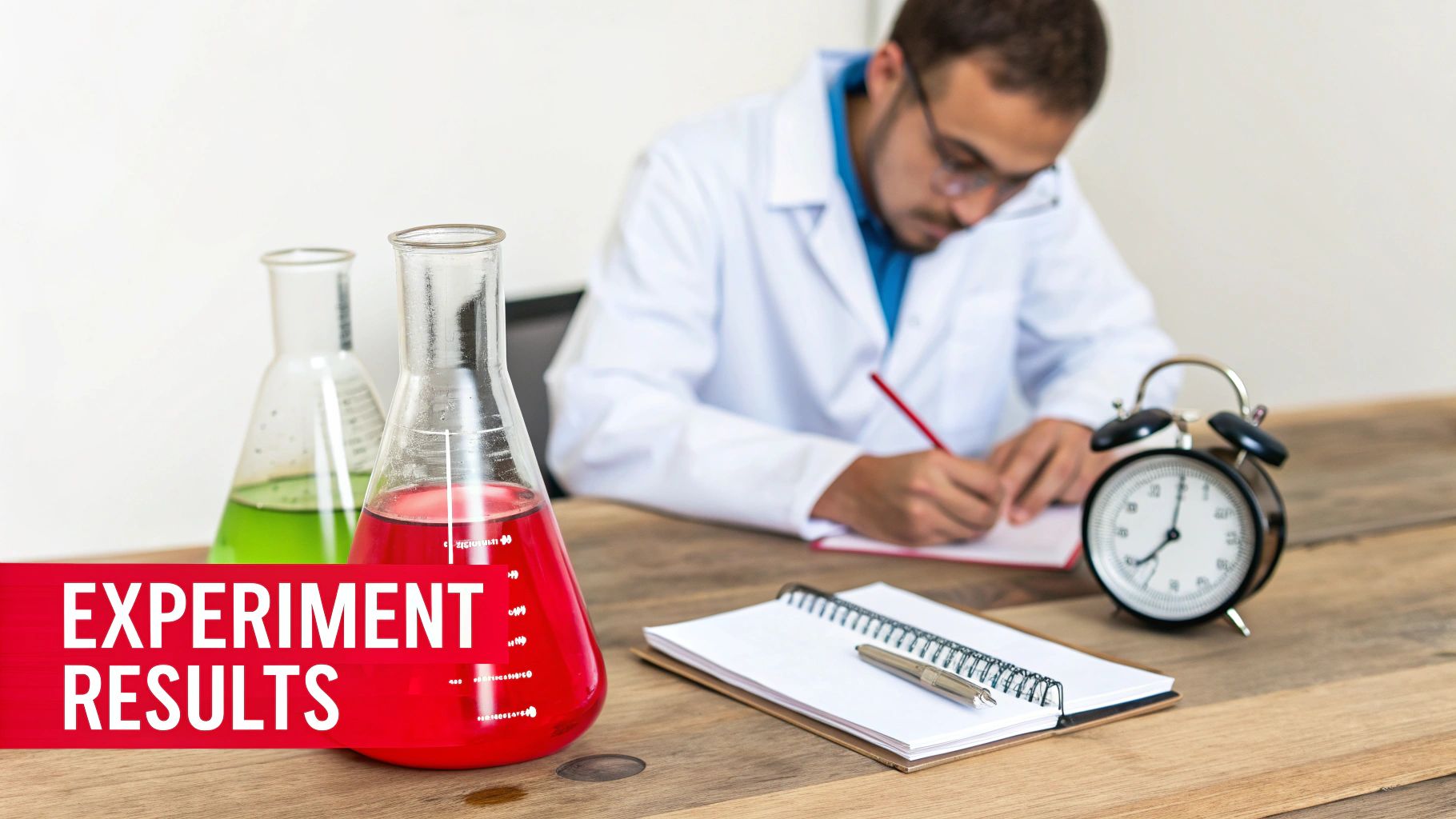 Scientist documenting experiment results, with red and green liquid in flasks and an alarm clock.