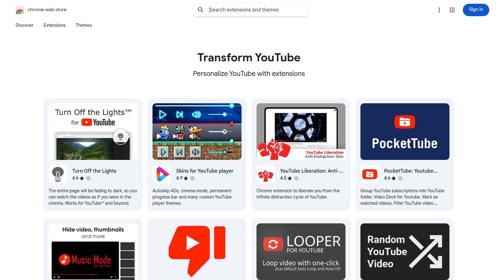 Chrome Web Store – “Transform YouTube” collection