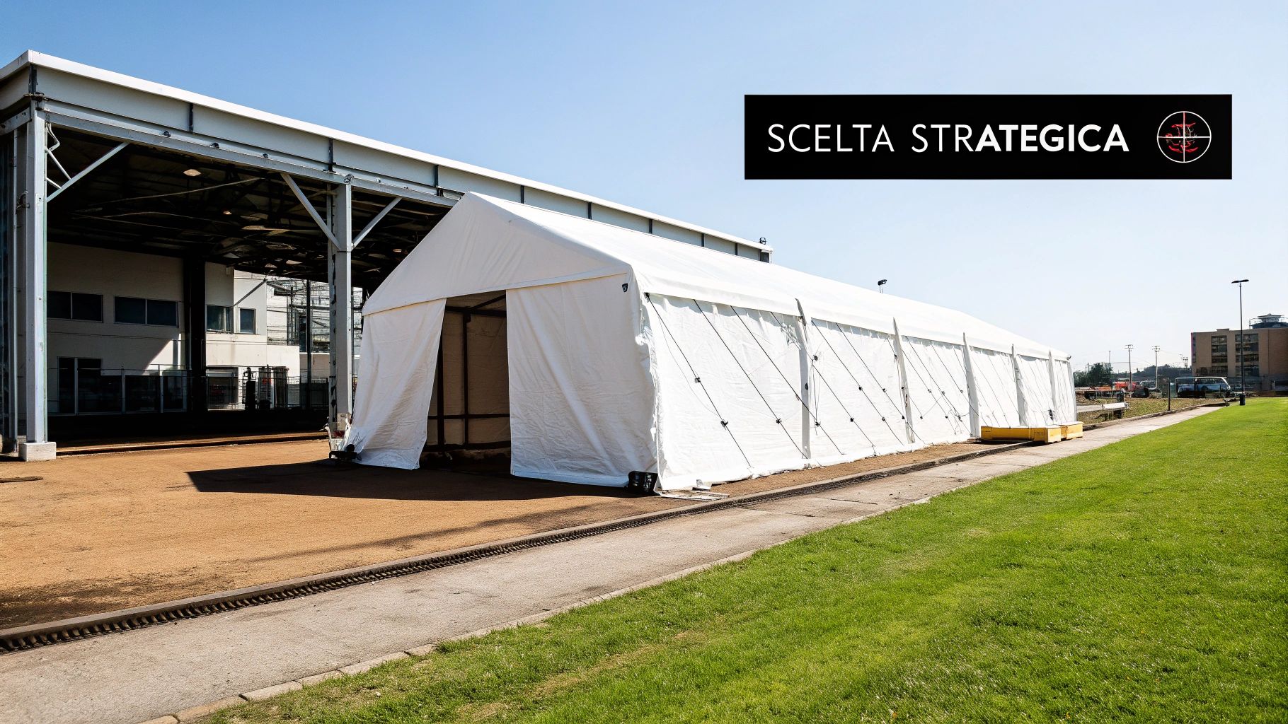 Grande tendone bianco in PVC su terreno ghiaioso, accanto a un edificio industriale e prato verde.