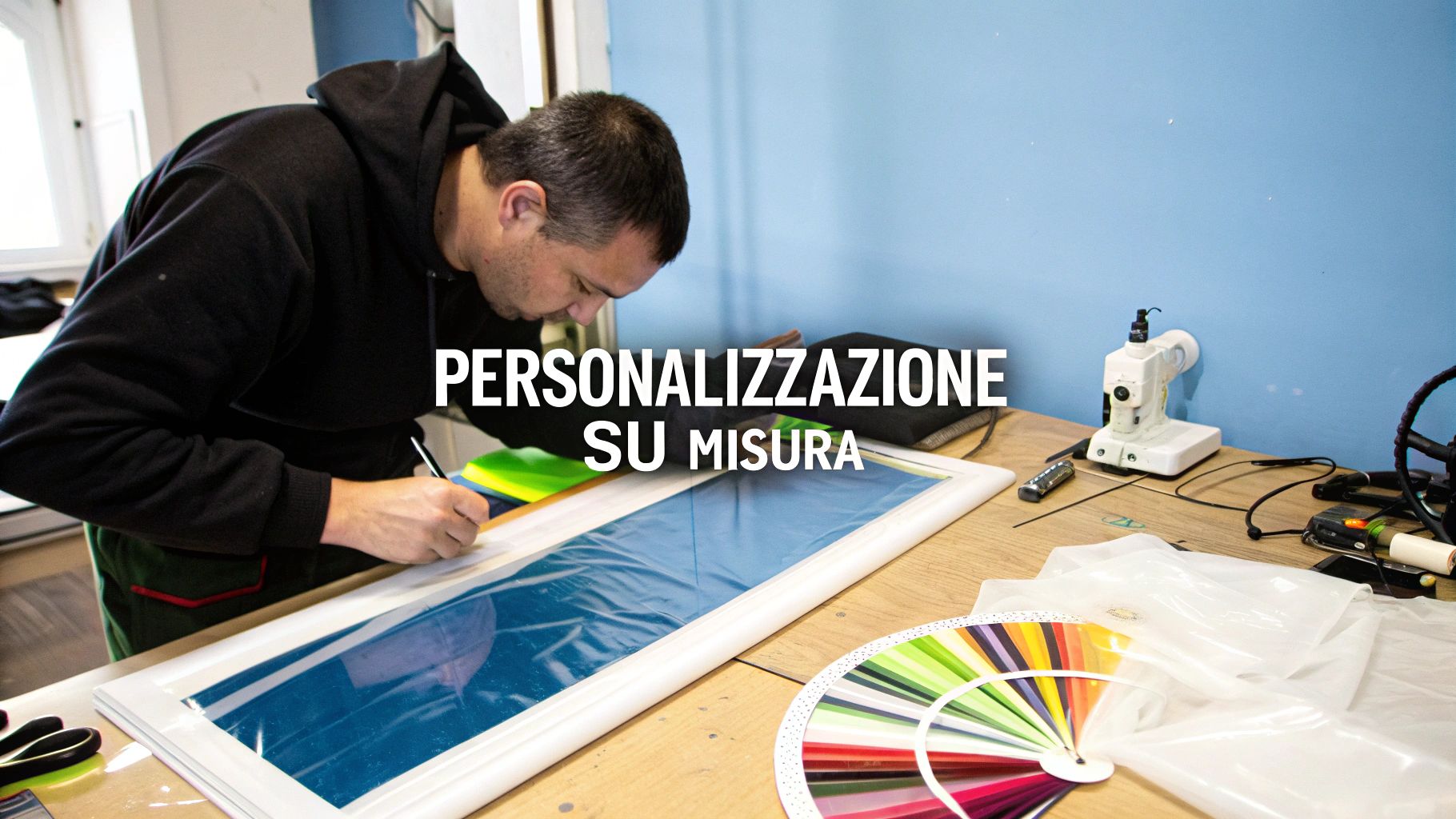 Un artigiano personalizza un grande pannello blu su un tavolo, mostrando la lavorazione su misura con palette colori.