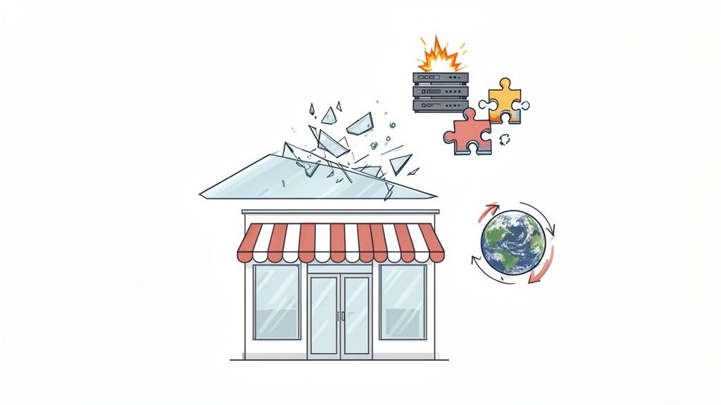 An illustration showing a store with a shattered roof, exploding servers, puzzle pieces, and a globe with arrows, representing business challenges.