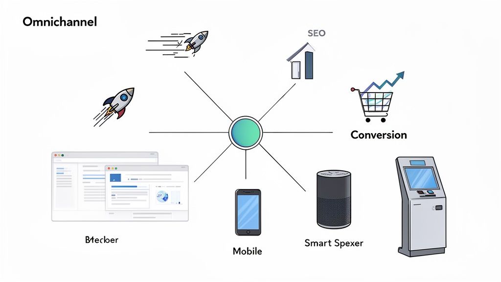 Omnichannel diagram linking diverse customer touchpoints: SEO, conversion, mobile, smart speaker, and web channels.