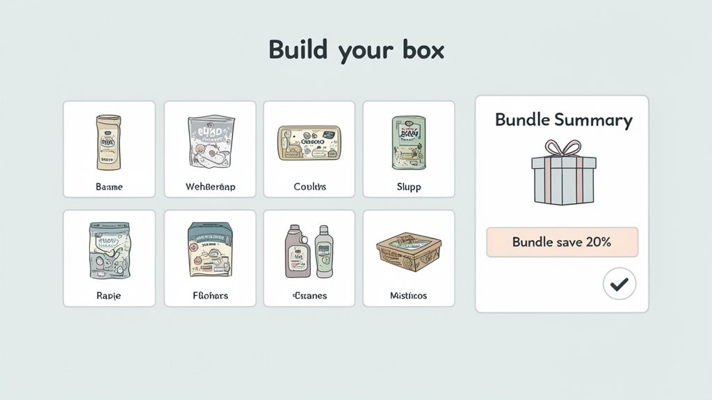 An e-commerce interface for building a custom product box, showing various items and a bundle summary with a 20% saving.