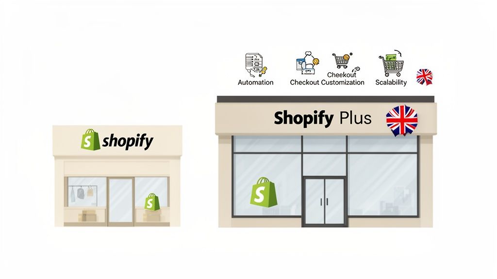 Comparison of two e-commerce stores: standard Shopify and Shopify Plus, featuring UK branding and advanced features like automation and scalability.