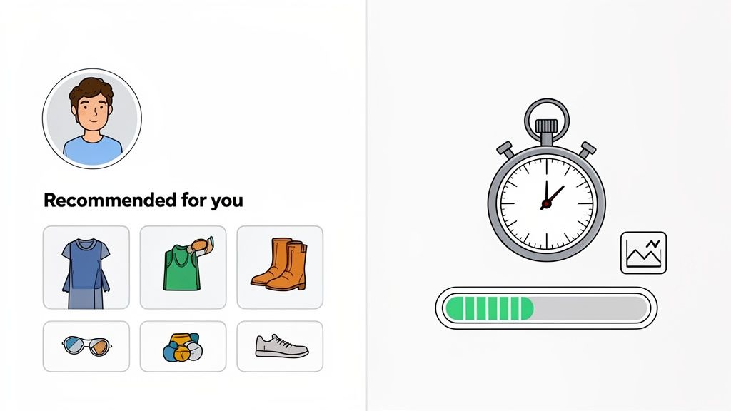 An illustration of a user profile with personalized clothing and accessory recommendations and a loading indicator.