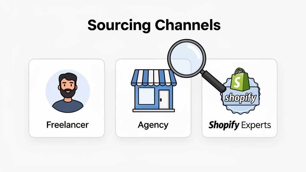A diagram illustrating three sourcing channels: Freelancer, Agency, and Shopify Experts, with a magnifying glass highlighting Shopify Experts.