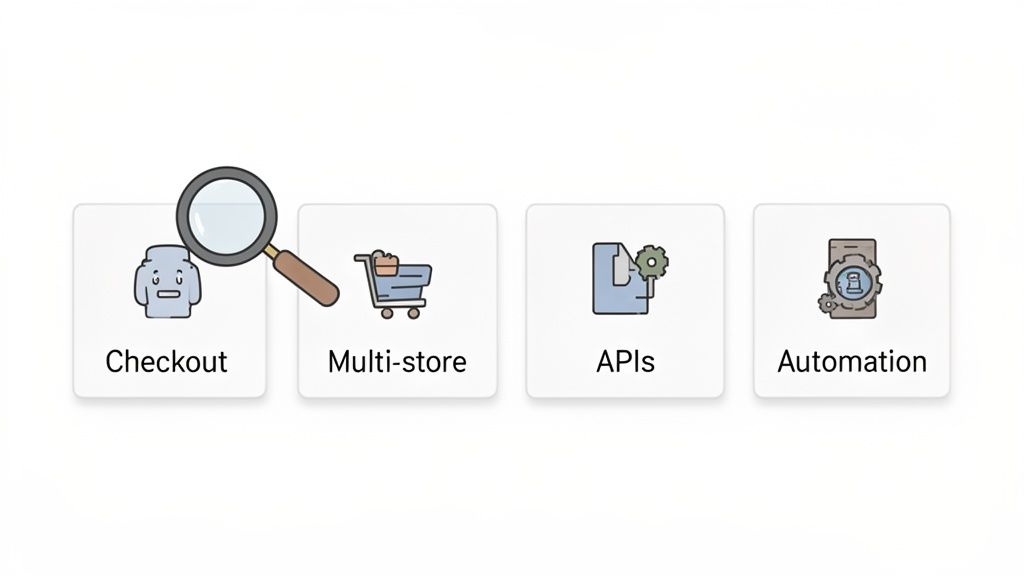 Four cards showing e-commerce features like Checkout, Multi-store, APIs, and Automation, with their respective icons.