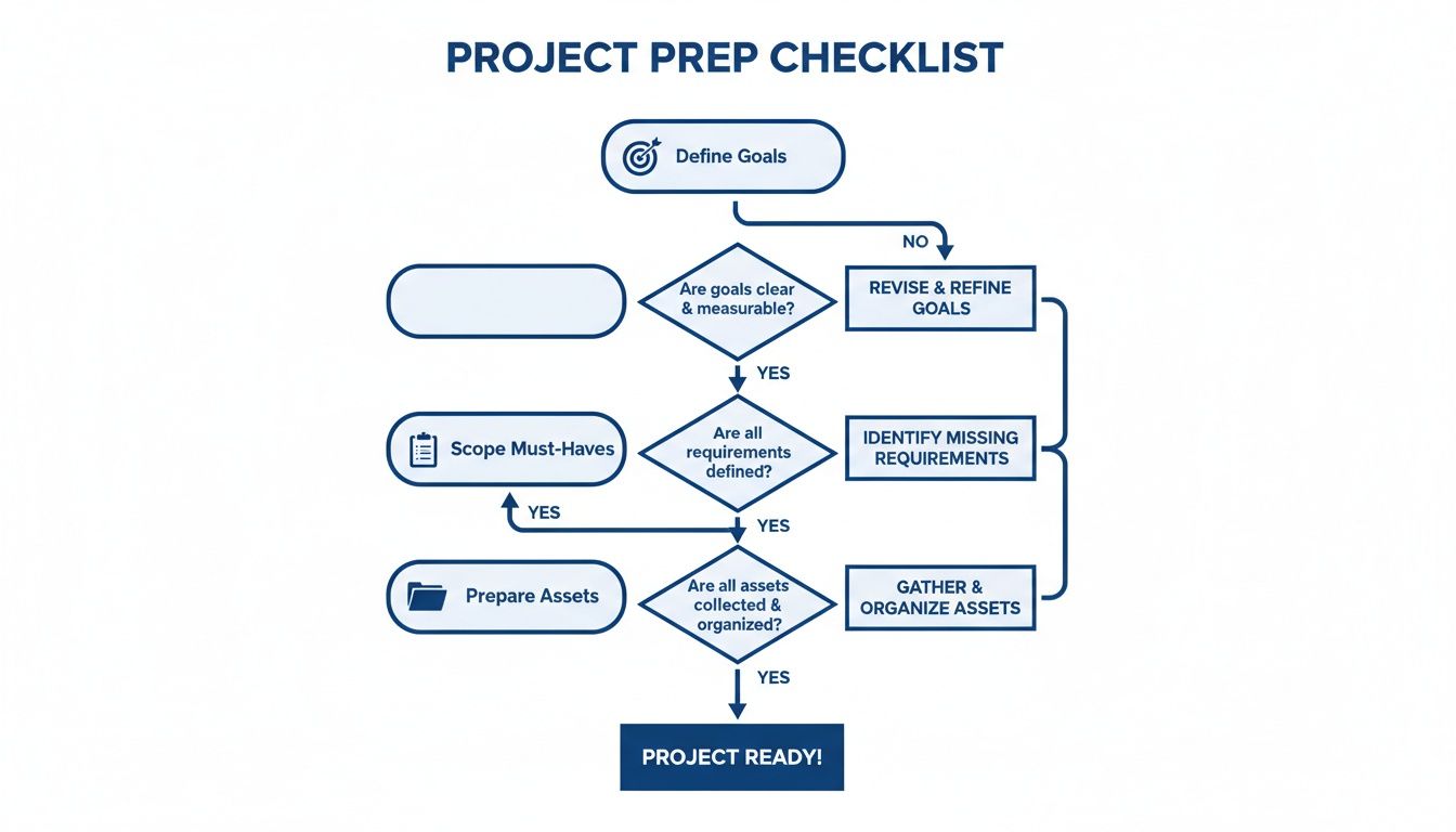 A flowchart illustrates a project preparation checklist, covering defining goals, requirements, and asset organization.