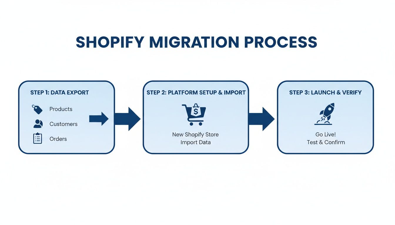 A flowchart outlining the Shopify migration process in three steps: data export, platform setup, and launch.