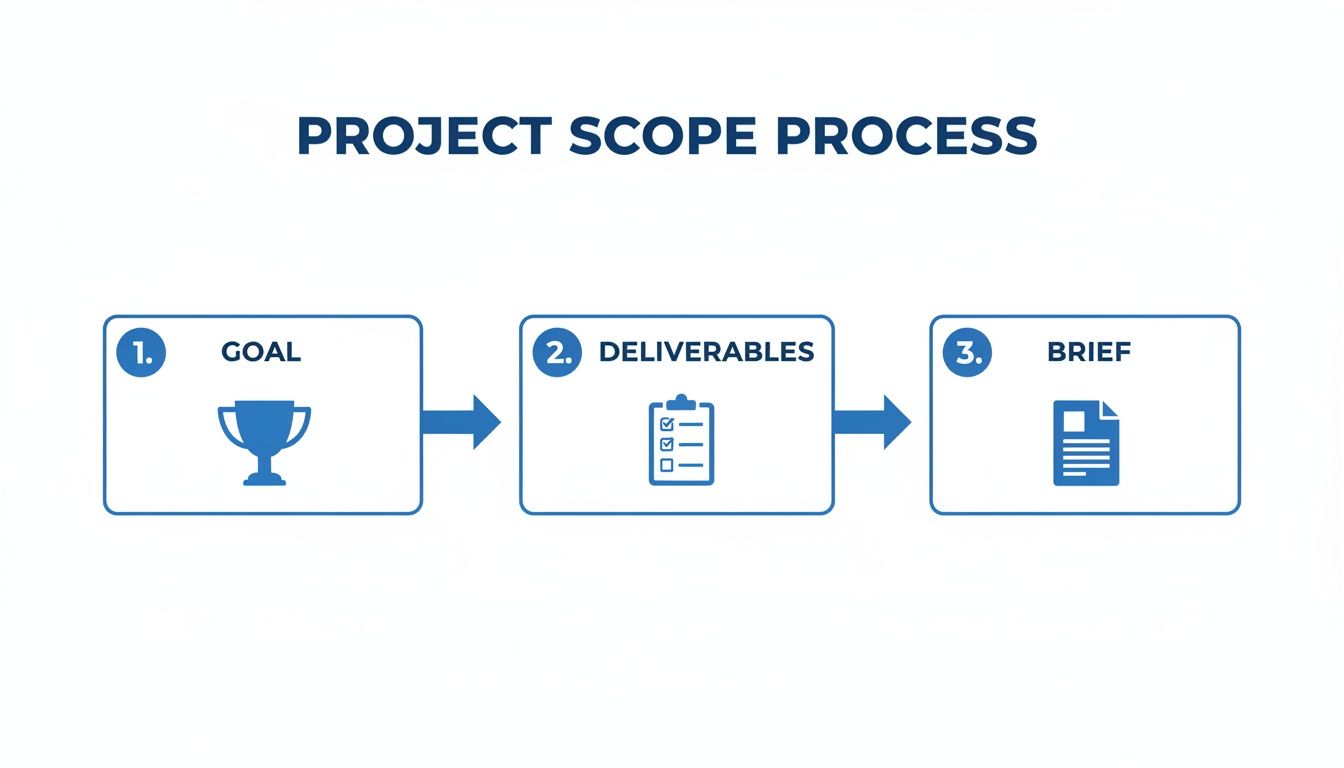 A diagram outlining the project scope process with three sequential steps: Goal, Deliverables, and Brief.