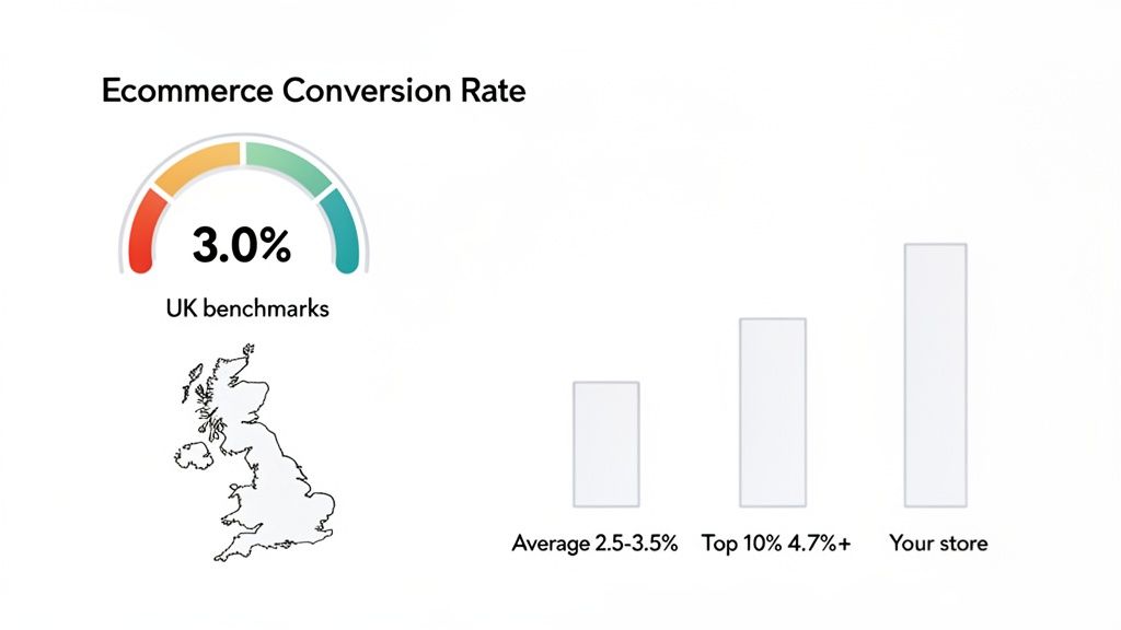 Ecommerce conversion rate benchmarks for UK stores, showing average, top 10%, and your store performance.