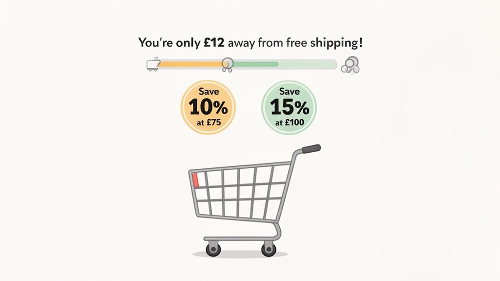 A shopping cart graphic illustrating progress towards free shipping and two tiered discount offers.