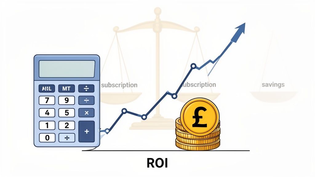 A calculator, a rising line graph, and pound coins illustrate financial growth and Return on Investment (ROI).