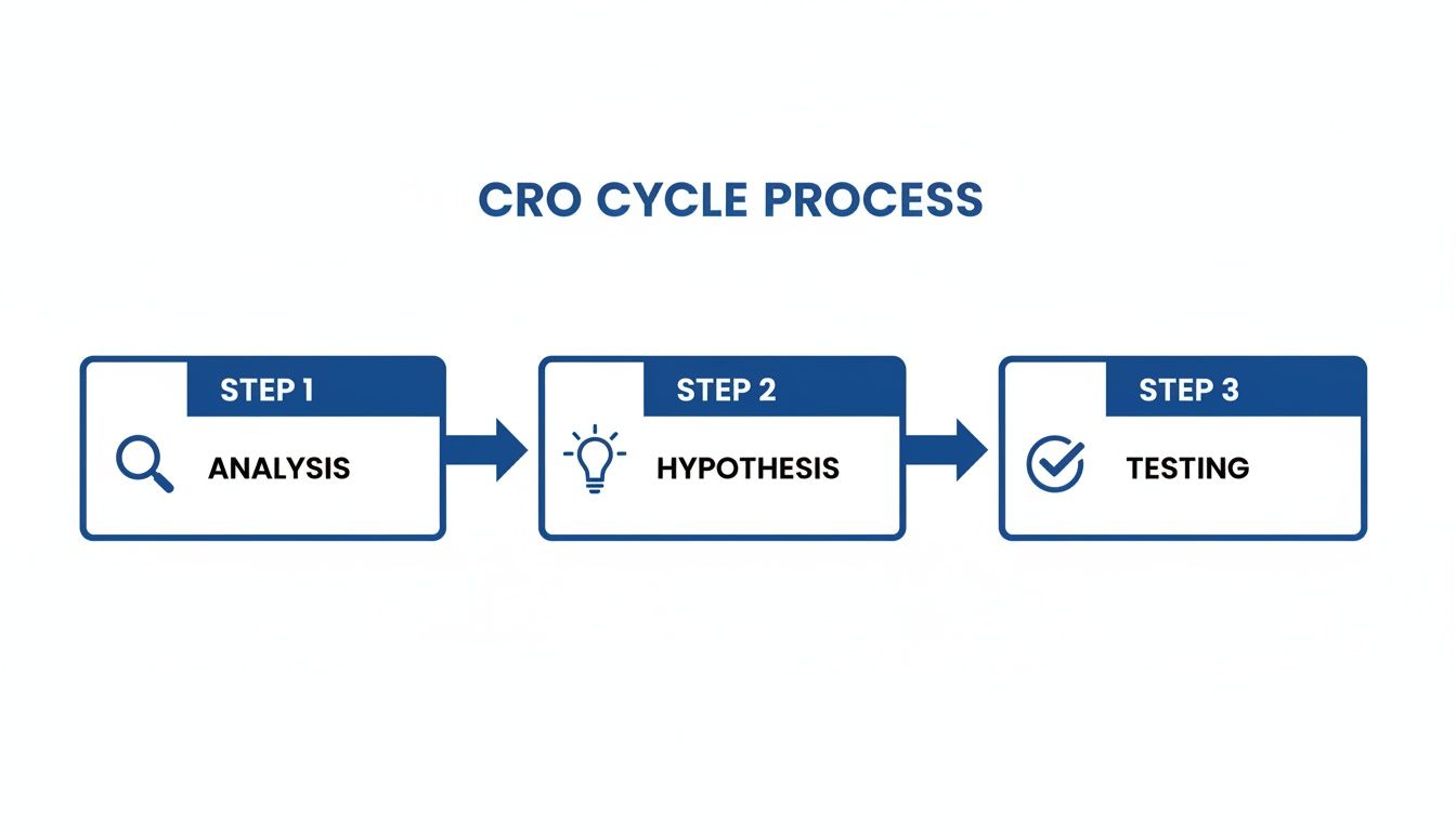 Diagram of the CRO Cycle Process, showing steps for analysis, hypothesis, and testing.