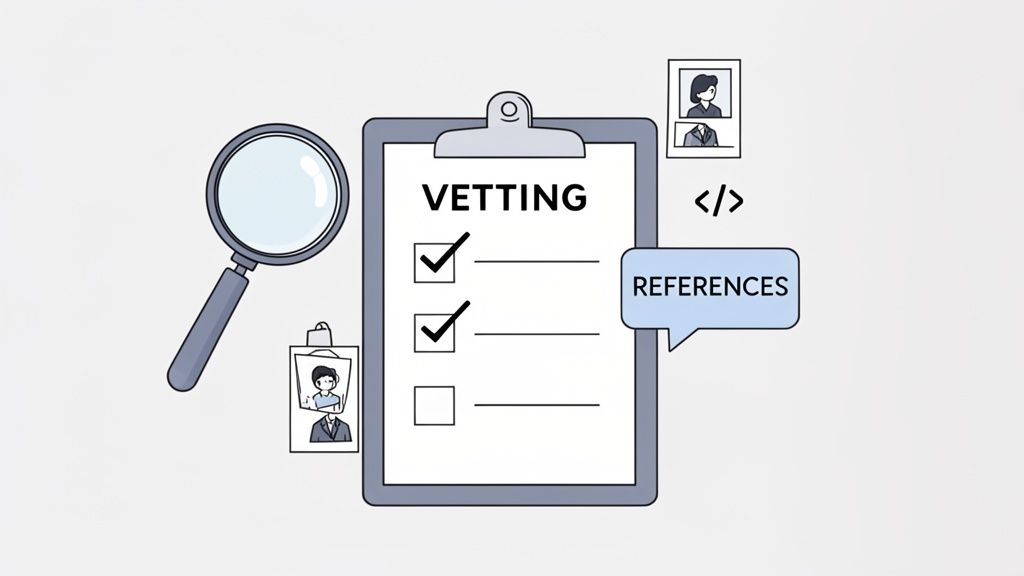 Illustration showing a vetting checklist, magnifying glass, references, and profile cards for a hiring process.