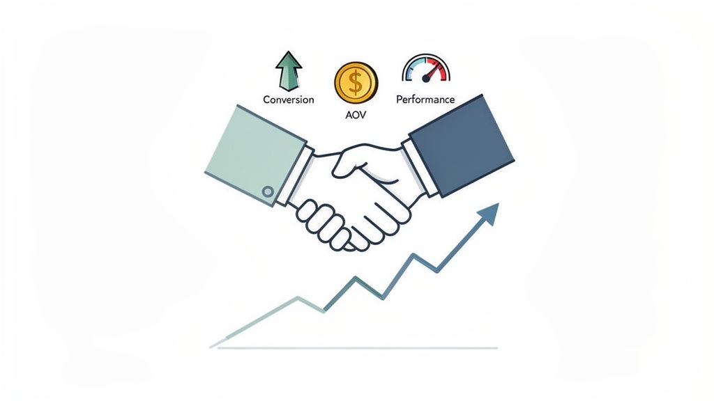 A handshake symbolizing partnership and collaboration, leading to increased conversion, AOV, and performance, with an upward trend.