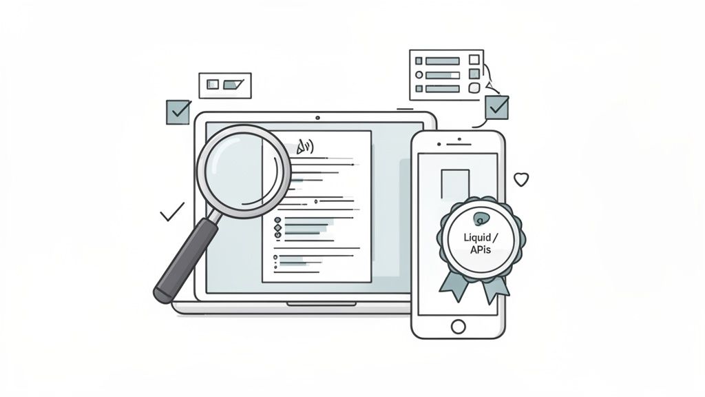 Digital illustration showing a laptop, smartphone, magnifying glass, and 'Liquid / APIs' badge, representing development.