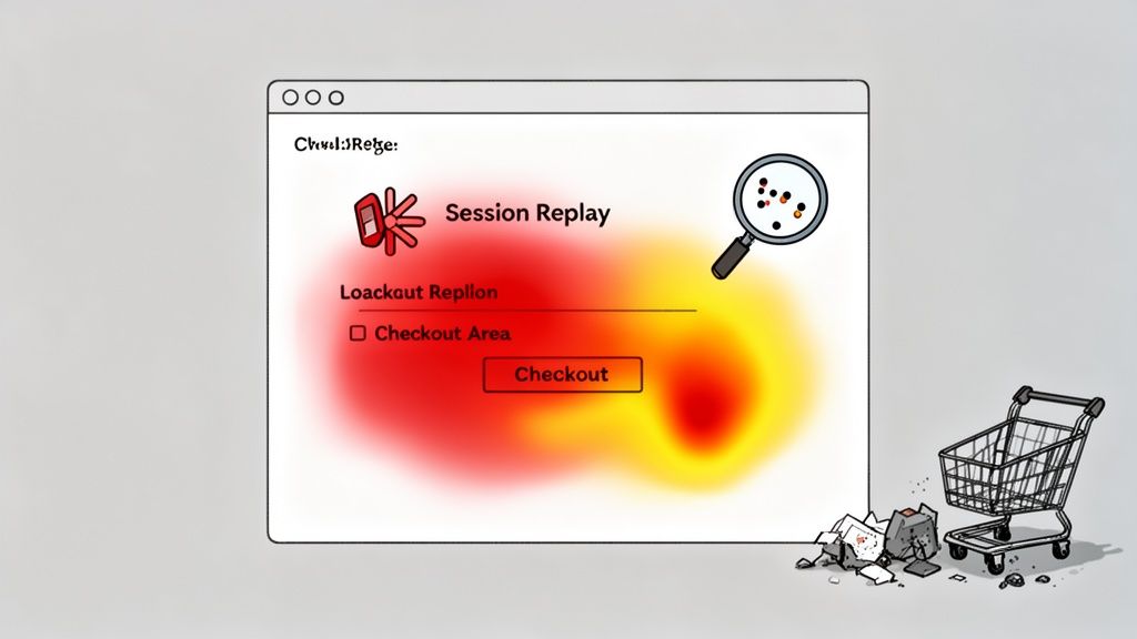 Illustration of a computer window showing a session replay heatmap, a broken shopping cart, and items, suggesting e-commerce issues.