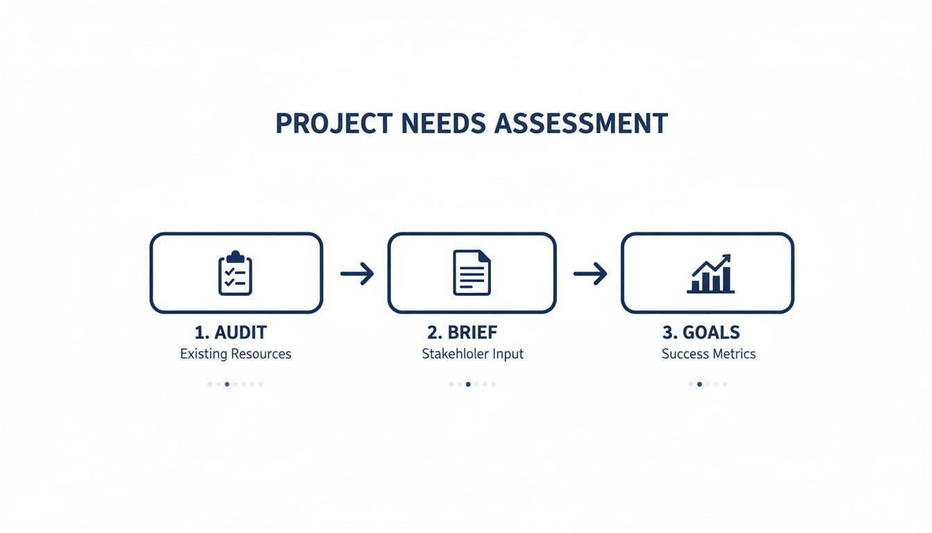 Flowchart detailing project needs assessment steps: Audit existing resources, Brief stakeholder input, and define Goals.