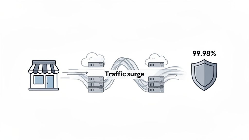 An illustration of an online store's servers handling a traffic surge, secured for 99.98% reliability.