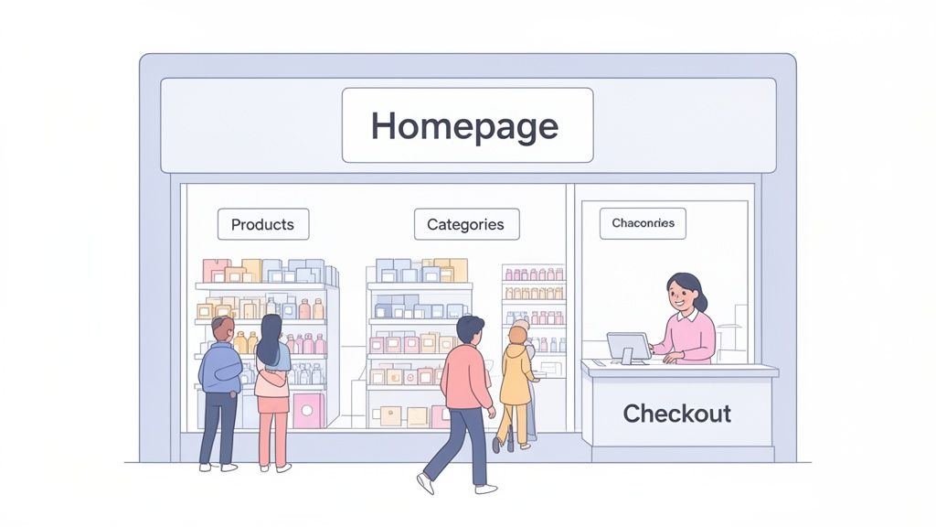 An illustration of an e-commerce homepage with sections for products, categories, and checkout, featuring shoppers and a cashier.